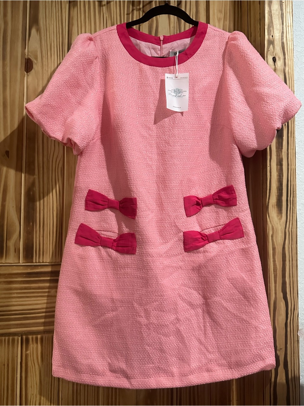 ❗️NEW Women’s Pink Puff Short-Sleeve Bow Dress woven tweed size medium